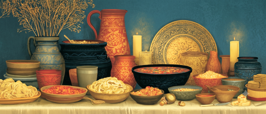 A figurative feast for your readers. Cozy, inviting table set with many dishes.